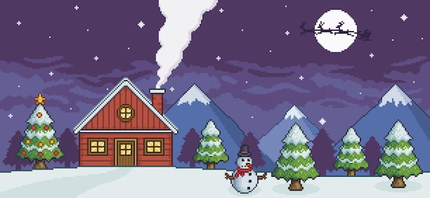 Pixel art christmas landscape with house, mountains, pine forest, christmas tree 8 bit background