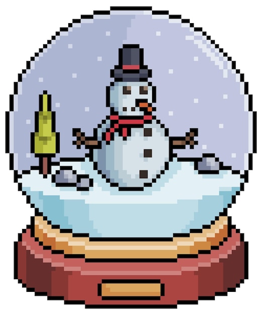 Pixel art natale neve globo con pupazzo di neve e pini 8 bit vettore su sfondo bianco