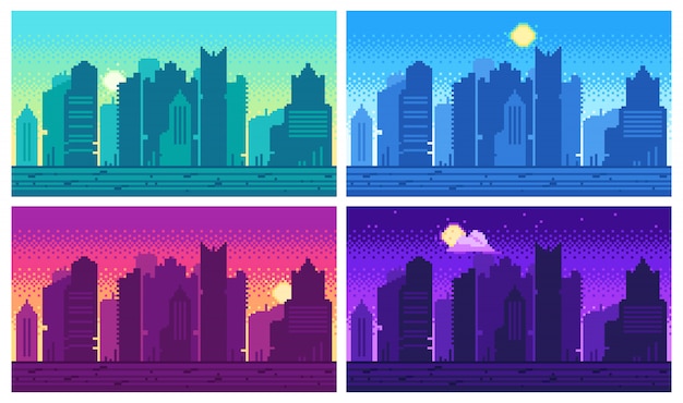 Pixel art cityscape. town street 8 bit city landscape, night and daytime urban arcade game location