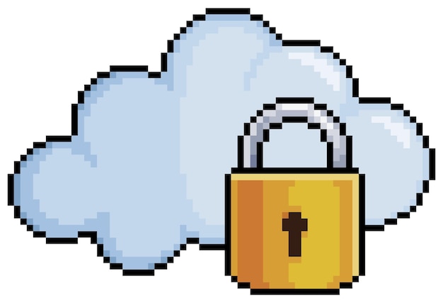 Pixel art cloud en hangslot Cloud data bescherming vector voor 8bit game op witte achtergrond