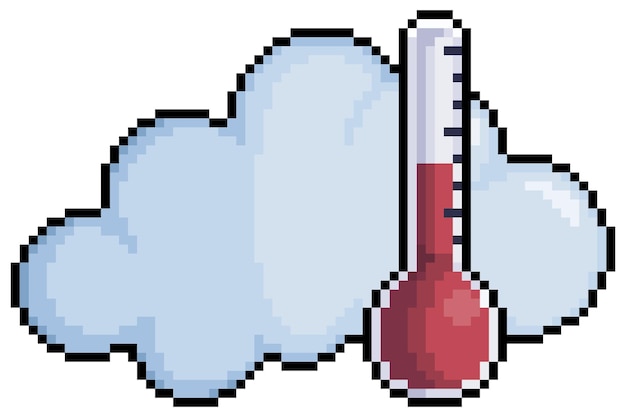 Pixel art cloud met thermometer Weersvoorspelling vector pictogram voor 8-bits spel op witte achtergrond