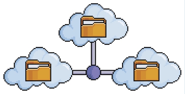 Pixel art cloud network, cloud files vector icon for 8bit game on white background