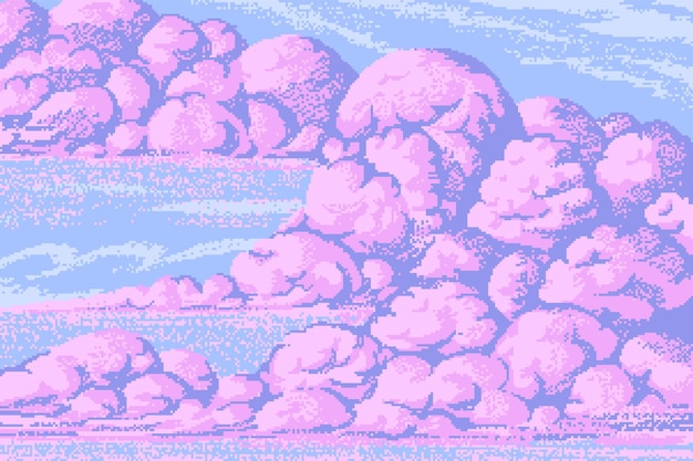 Vector pixel art clouds bit objects pink magic sky background retro game assets dreamy video arcade vector