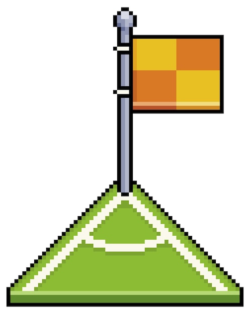 Pixel art corner kick with orange and yellow flag. Football corner vector icon for 8bit game