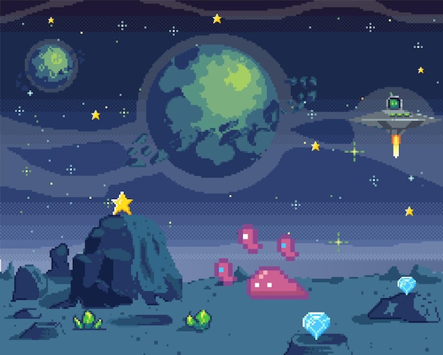 Vector pixel art cosmic area game location scene with fantastic planets in outer space futuristic spaceships during war in space pixel retro program about space interface pixelated design vector