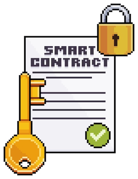 Pixel art cryptocurrency smart contract paper key and padlock vector icon for 8bit game