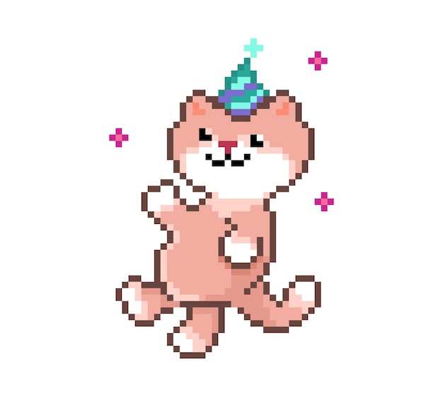 Pixel art cute cat happy birthday holiday card funny pet