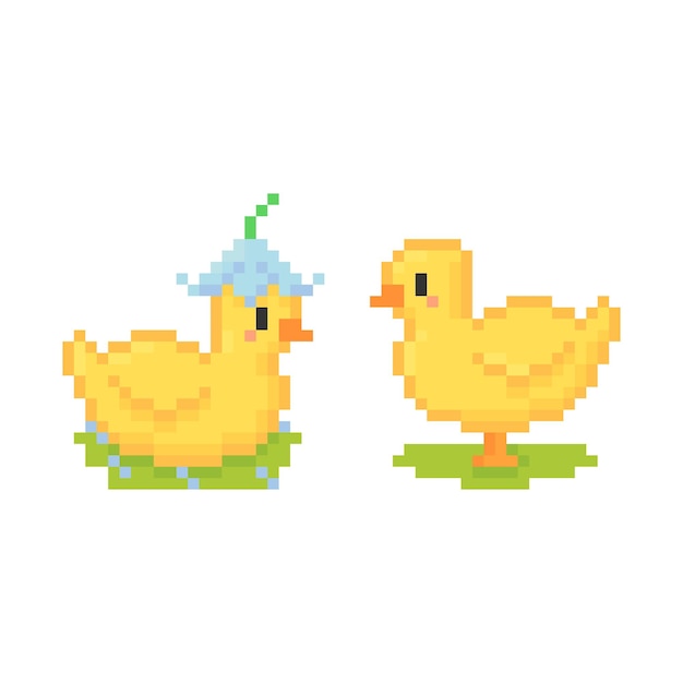 Pixel art of cute chick with flower hat