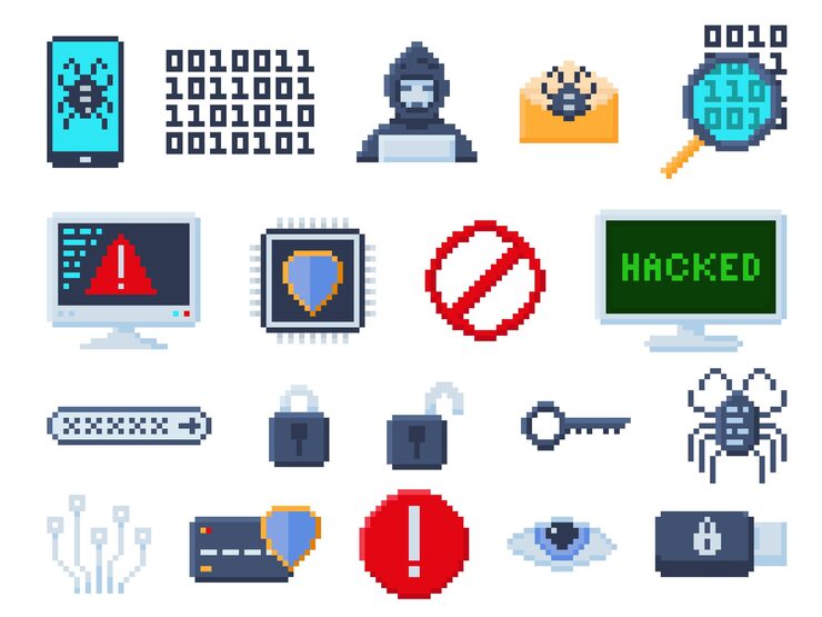 Vector pixel art cybersecurity icons pixelated computer virus cyber hacker password lock and encryption computer code secure chip with antivirus shield and digital security 8 bit vector set
