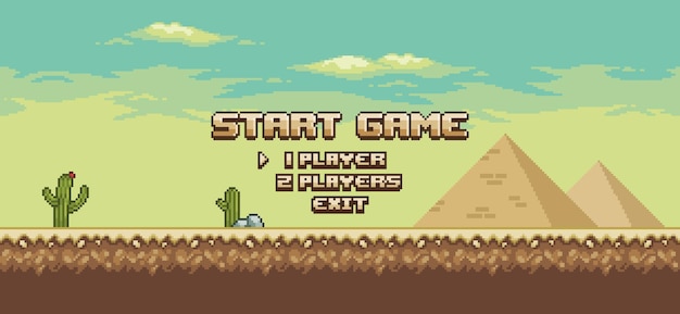 Vector pixel art desert game landscape home screen start game menu 8bit background