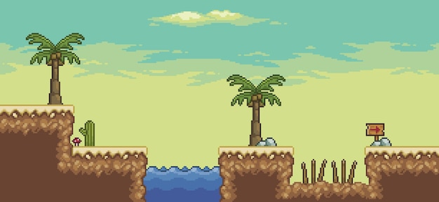 Vector pixel art desert game scene with  palm tree oasis trap cactuses 8bit background