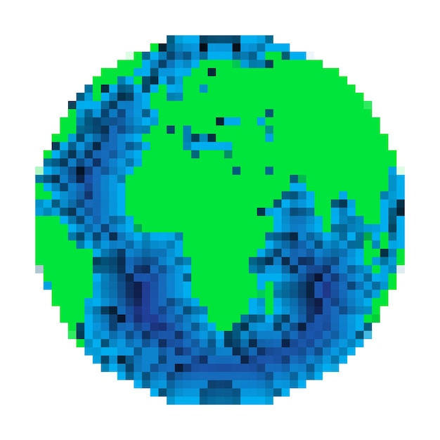 지구의 픽셀 아트 디자인. 벡터 일러스트 레이 션. 고립 된 픽셀 스타일의 다채로운 행성 지구