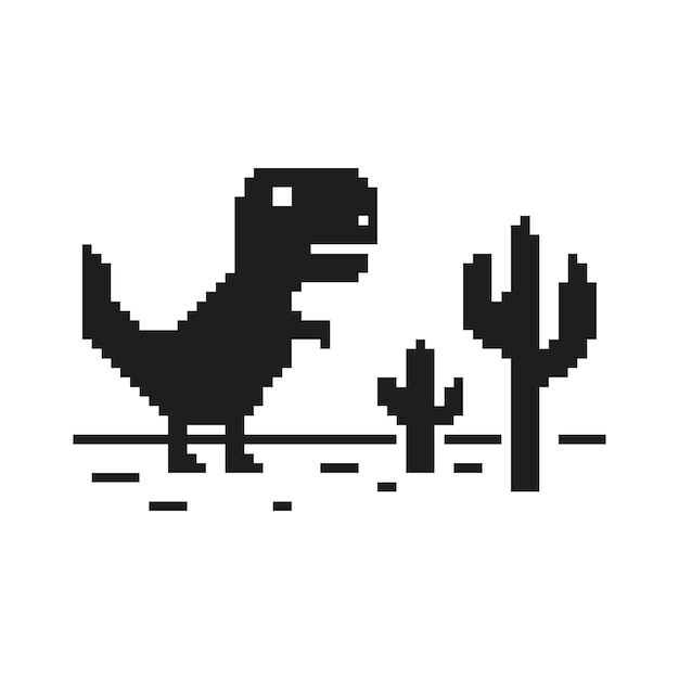 Pixel art dinosauro che descrive l'errore offline vettore isolato su sfondo bianco