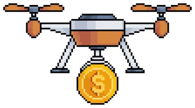 Pixel art drone met munt en geld vector pictogram voor 8-bits spel op witte achtergrond