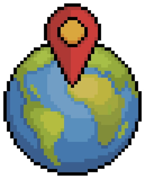 Пиксельный земной шар с вектором значка местоположения GPS для 8-битной игры на белом фоне