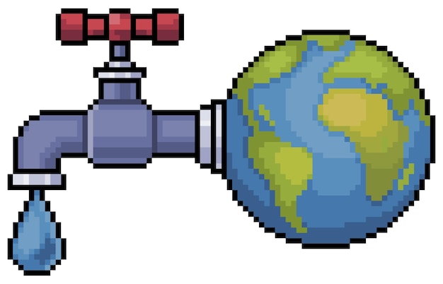 Pixel art earth with faucet running water Environmental Day vector icon for 8bit game