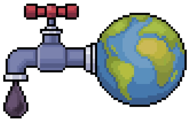 Pixel art earth with oil faucet vector icon for 8bit game on white background