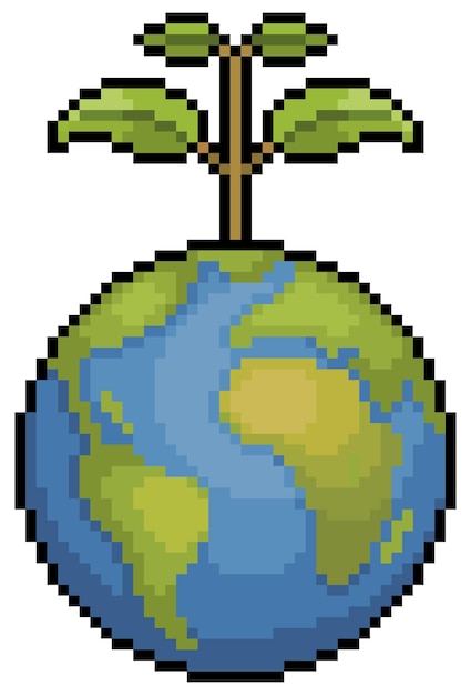 Vector pixel art earth with plant sustainable planet environmental day vector icon for 8bit game