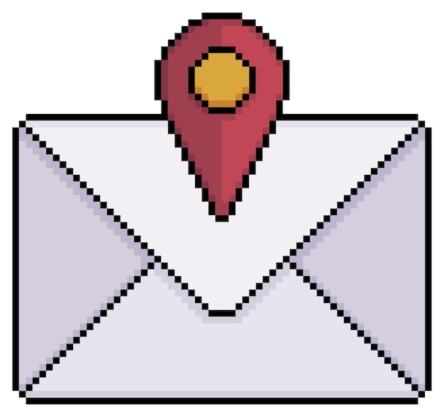 Pixel art envelope with gps icon, email address vector icon for 8bit game on white background