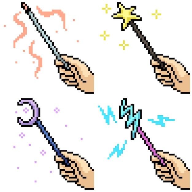 Vector pixel art of fantasy magic wand