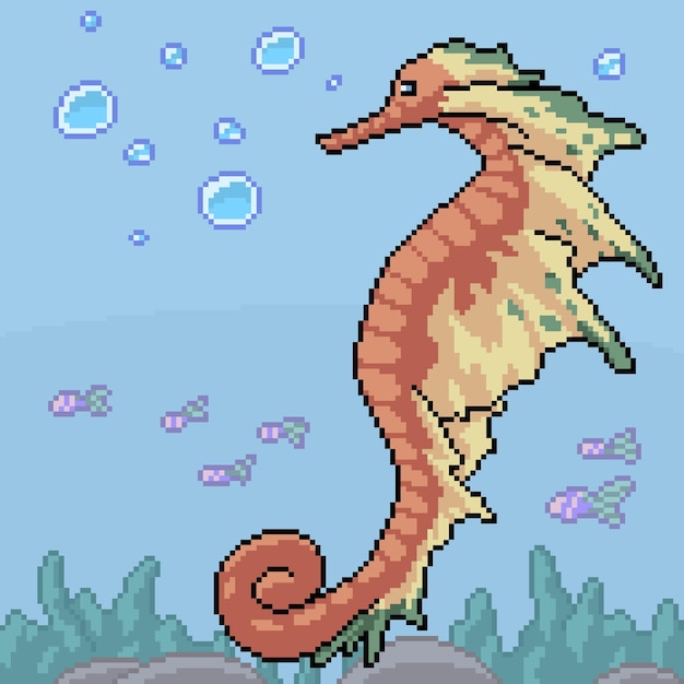 Pixel art of fantasy seahorse underwater