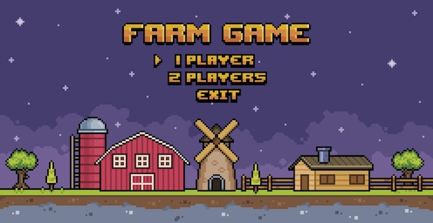 Menu di gioco pixel art farm. paesaggio della schermata iniziale del gioco a 8 bit con sfondo di casa, fienile, mulino, silo