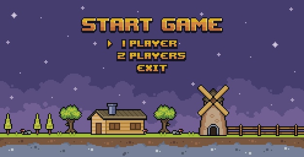 Vettore menu di gioco pixel art farm. schermata iniziale del gioco a 8 bit con sfondo del paesaggio notturno con casa, mulino