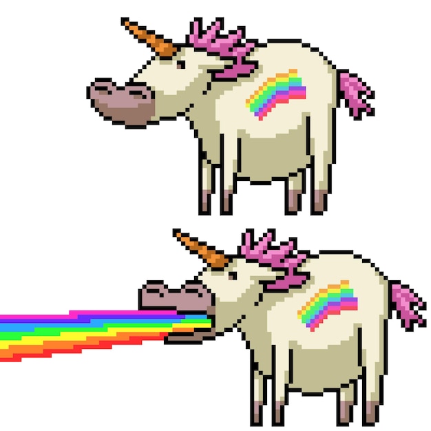 Vector pixel art fat rainbow unicorn