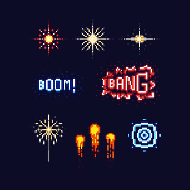 Pixel Art Firework Icon Design Set.