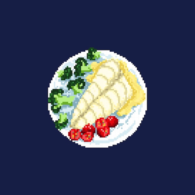 Pixel art food Pixel food on a plate Fish with sauce broccoli and cherry tomatoes on a plate