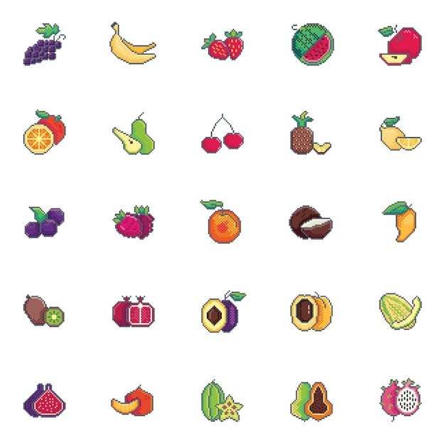 Pixel art fruits icon set