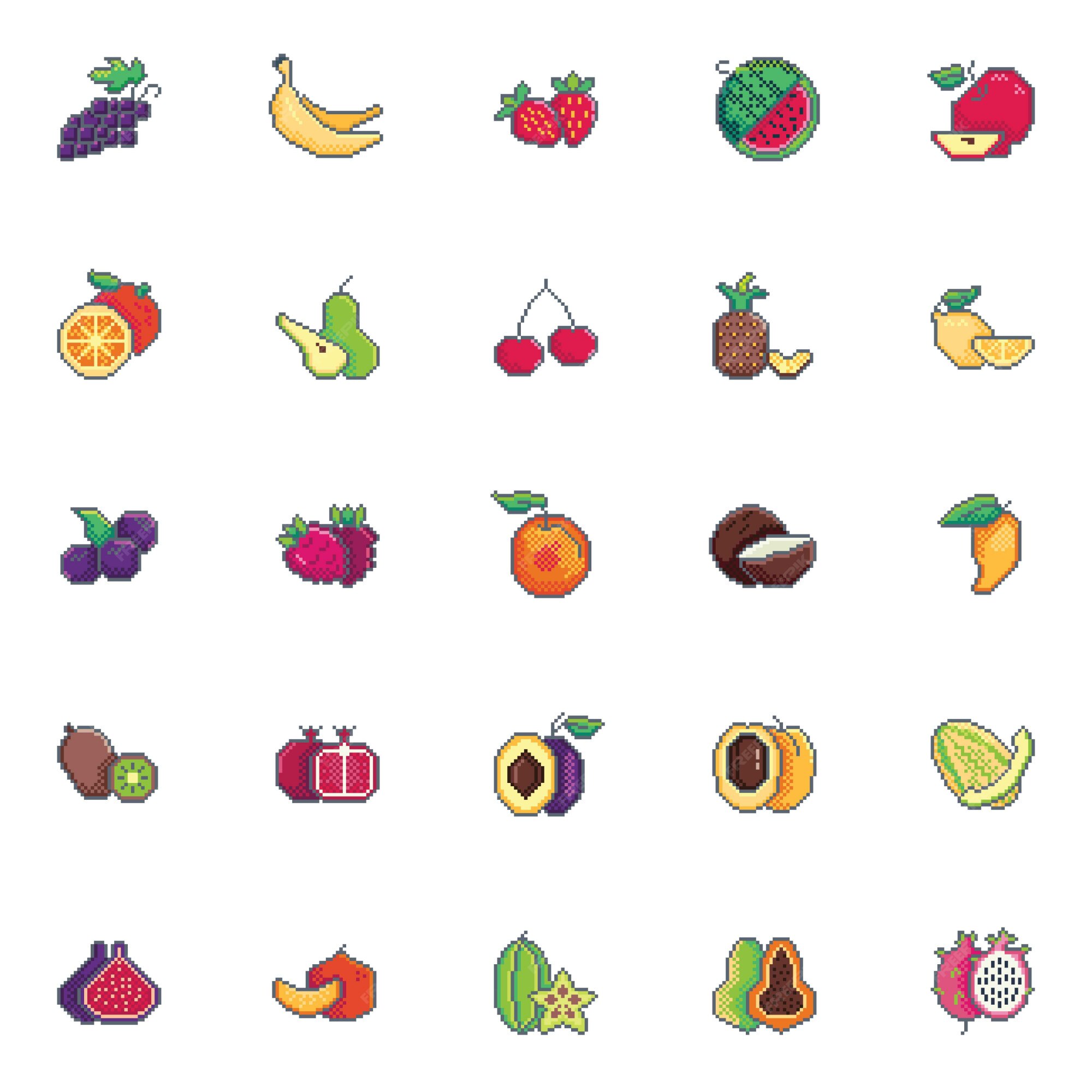 Set of pixel art fruits icon. 32x32 pixels. Vector illustration on