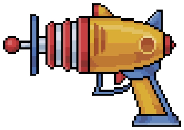 Pixel art futuristic pistol vector icon for 8bit game on white background