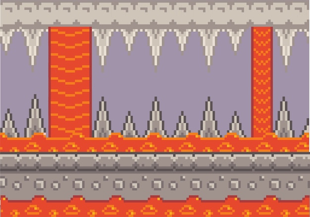 Pixel art game achtergrond met rotsen en lava