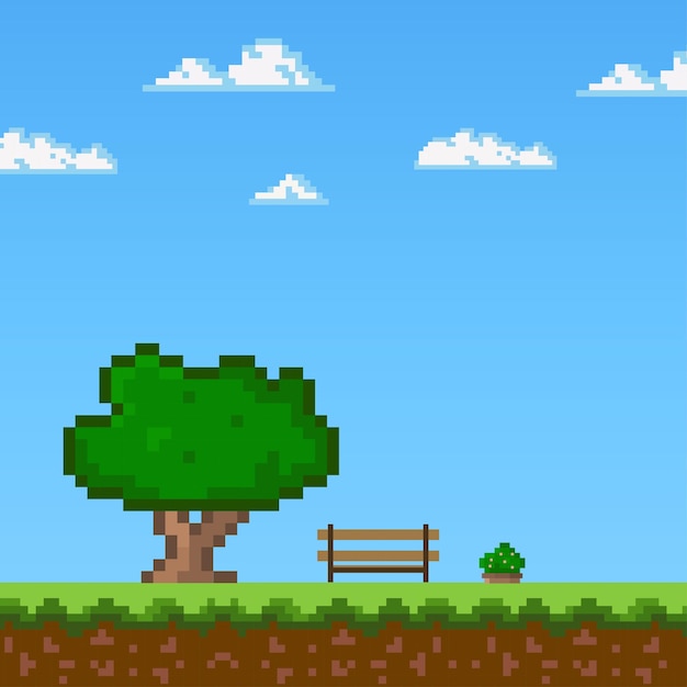 Pixel art game Background trees grass ground Pixel art landscape blue sky in the park