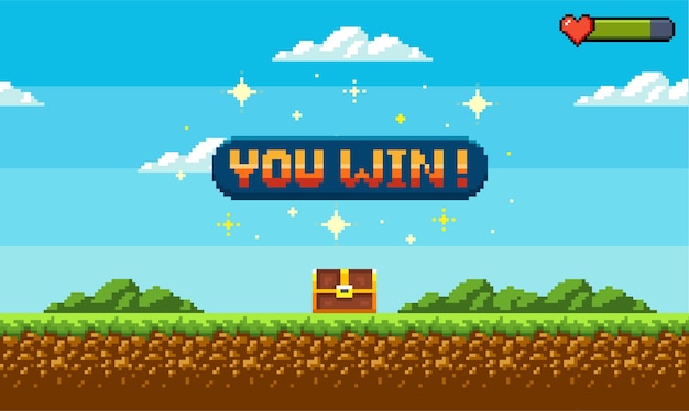 Pixel art game background with grass sky and you won game 8bit text game screen pixel