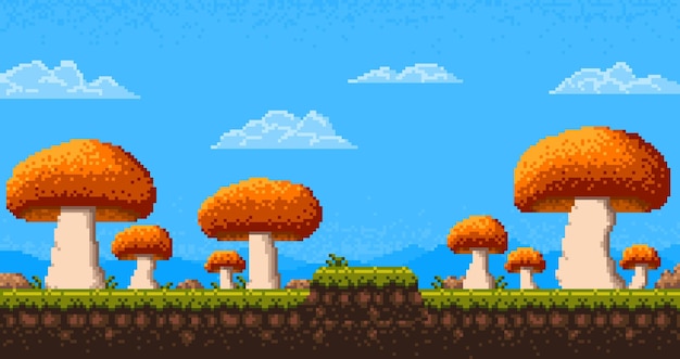 Pixel art game level alien planet mushrooms