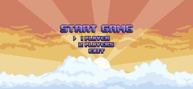 Vector pixel art game menu on sunset background vector for 8bit game