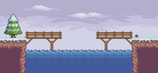 Пиксельная игровая сцена в снегу, сосны, деревянный мост, озеро, 8-битный фон
