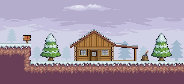 Pixel art scena di gioco in neve alberi di pino casa in legno indicativo bordo 8bit sfondo