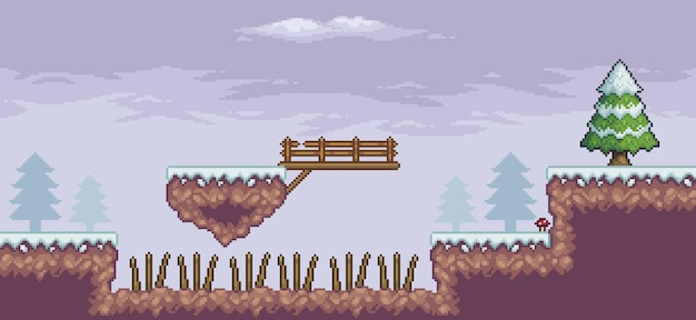 Vector pixel art game scene in snow with floating platform bridge pine trees clouds and 8bit background