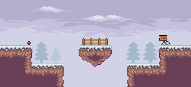 Scena di gioco di pixel art nella neve con alberi di pino di recinzione di piattaforma galleggiante e sfondo di bandiera a 8 bit