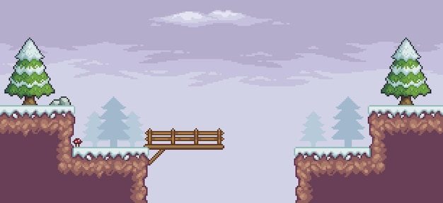 Scena di gioco pixel art nella neve con ponte di alberi di pino e nuvole sfondo a 8 bit