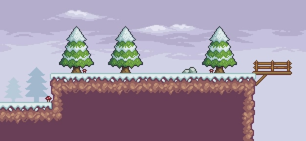 Vector pixel art game scene in snow with pine trees bridge and clouds 8bit background