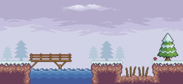 Vector pixel art game scene in snow with pine trees bridge trap lake  bit vector background