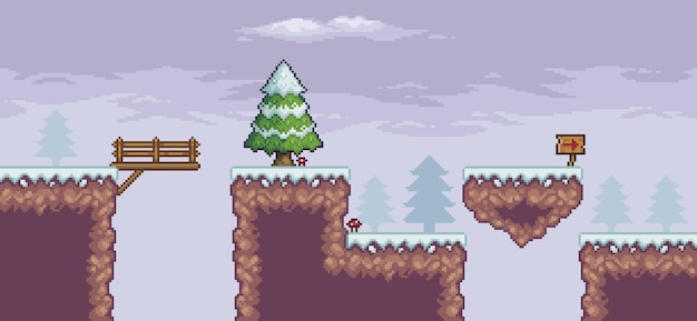 Pixel art game scene in snow with pine trees floating island bridge 8 bit vector background