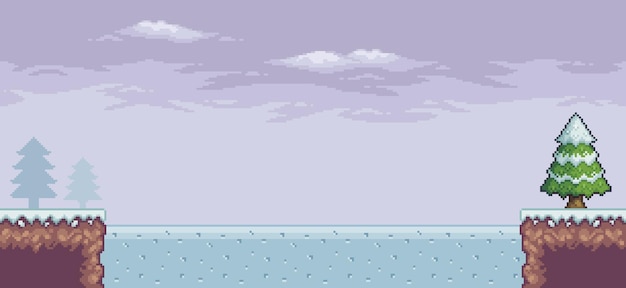 Pixel art game scene in snow with pine trees frozen lake clouds 8bit background