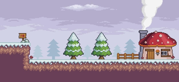 松の木の家の柵と雲と雪の中でピクセルアートゲームシーン8ビットbackgroundtベクトル