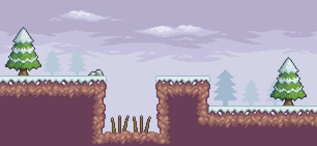 Scena di gioco pixel art nella neve con trappola per alberi di pino e nuvole sfondo vettoriale a 8 bit