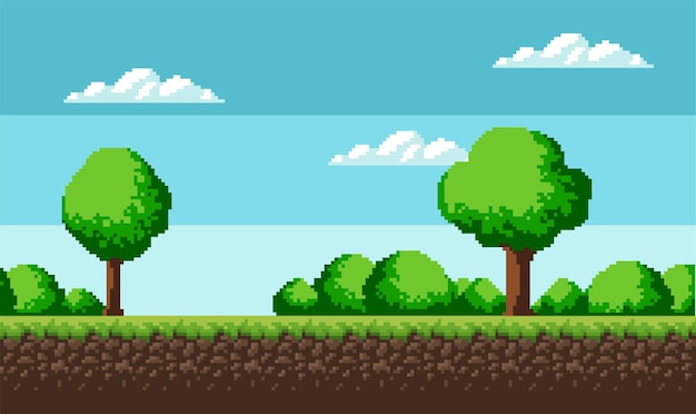 Pixel art scena di gioco con terra erba alberi cielo nuvole personaggio monete scrigni del tesoro e 8bit